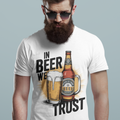 Man wearing a white t-shirt with a beer-themed graphic and text.