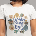 White t-shirt with 'Literally born to thrift' graphic design featuring books, a sweater, and other items.