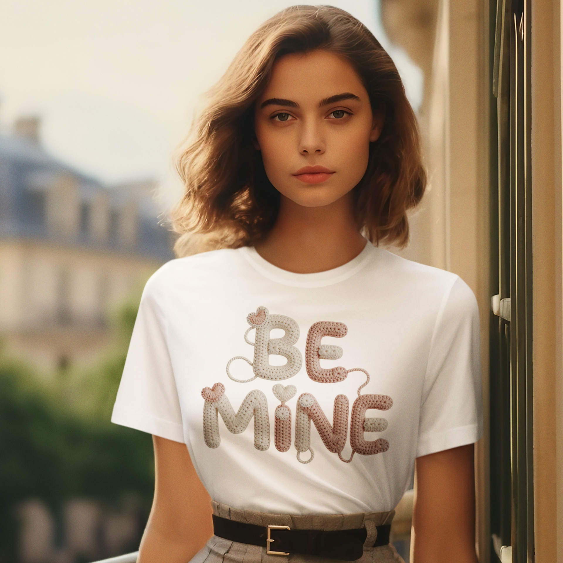 Woman wearing a white t-shirt with 'BE MINE' text in an outdoor setting