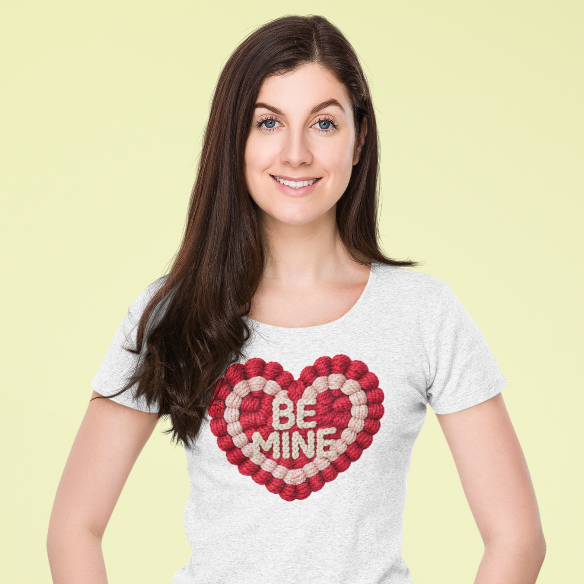 Woman wearing a t-shirt with a heart design and 'BE MINE' text on a light yellow background