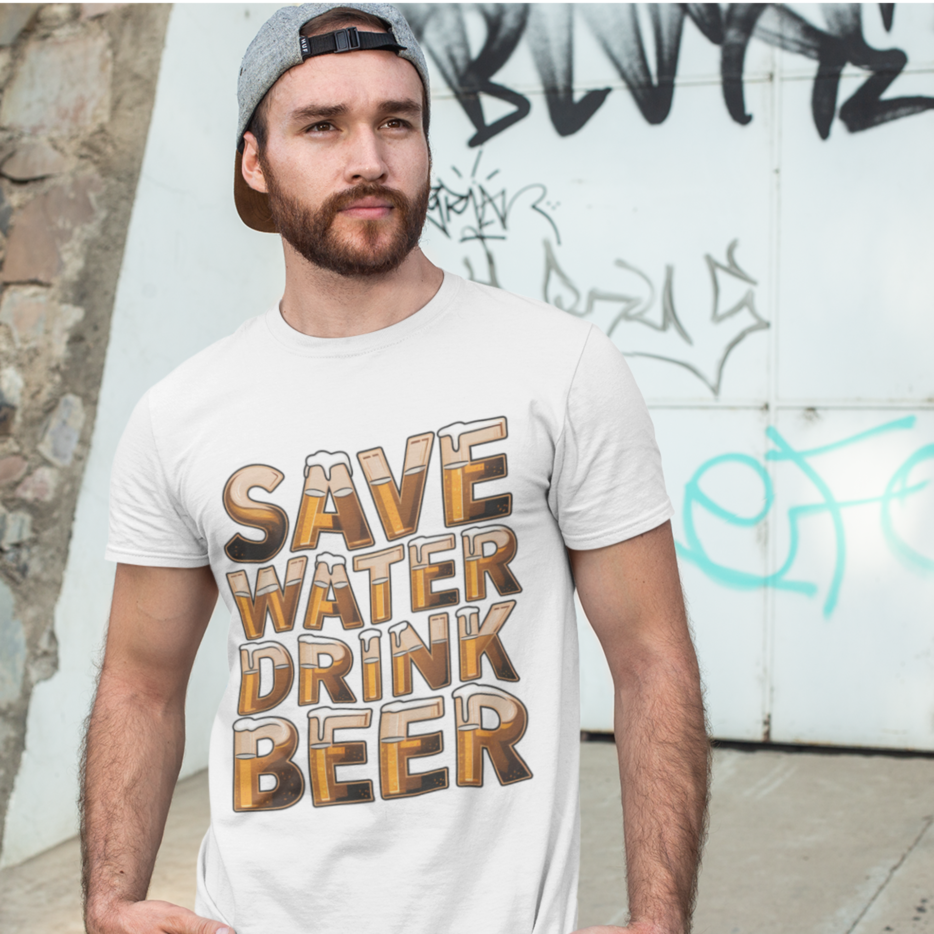 Man wearing a white t-shirt with 'Save Water Drink Beer' text against a graffiti-covered wall.